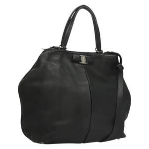 Salvatore Ferragamo Hand Bag Leather 2way Black Silver Auth sw1160
